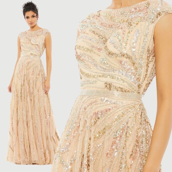 Mac Duggal 5445 Size 16 Cream Beige Gold Sequin Embellished Long Maxi Gown Dress - Picture 1 of 6